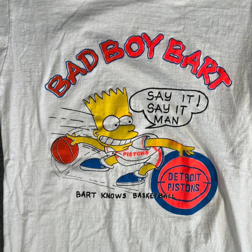 Vintage 90s Bad Boy Bart Simpson Detroit Pistons T-Shirt Large White SIM Tag - Picture 2 of 5